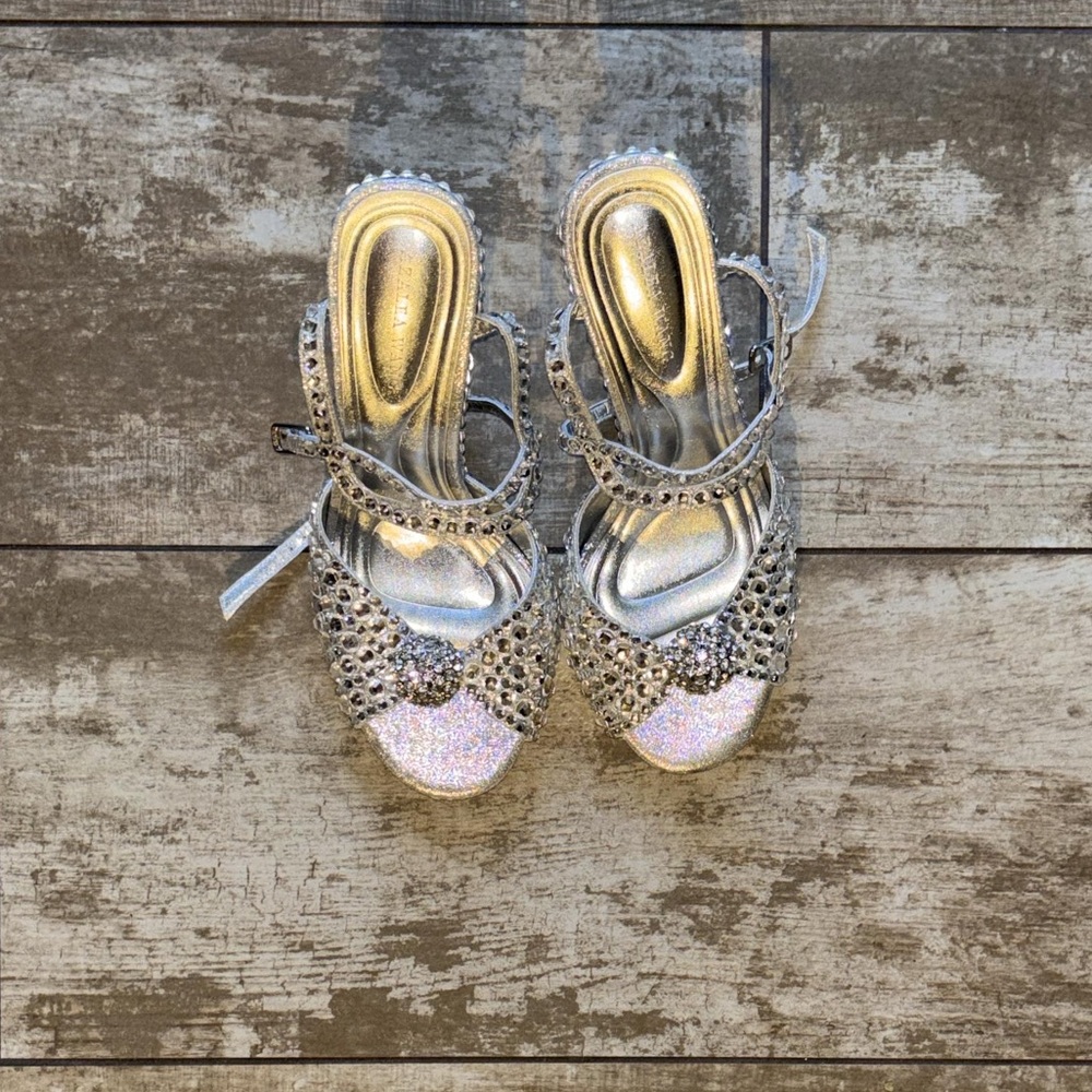 worn once azalea wang Silver Jeweled Strappy Open-Toe Heels